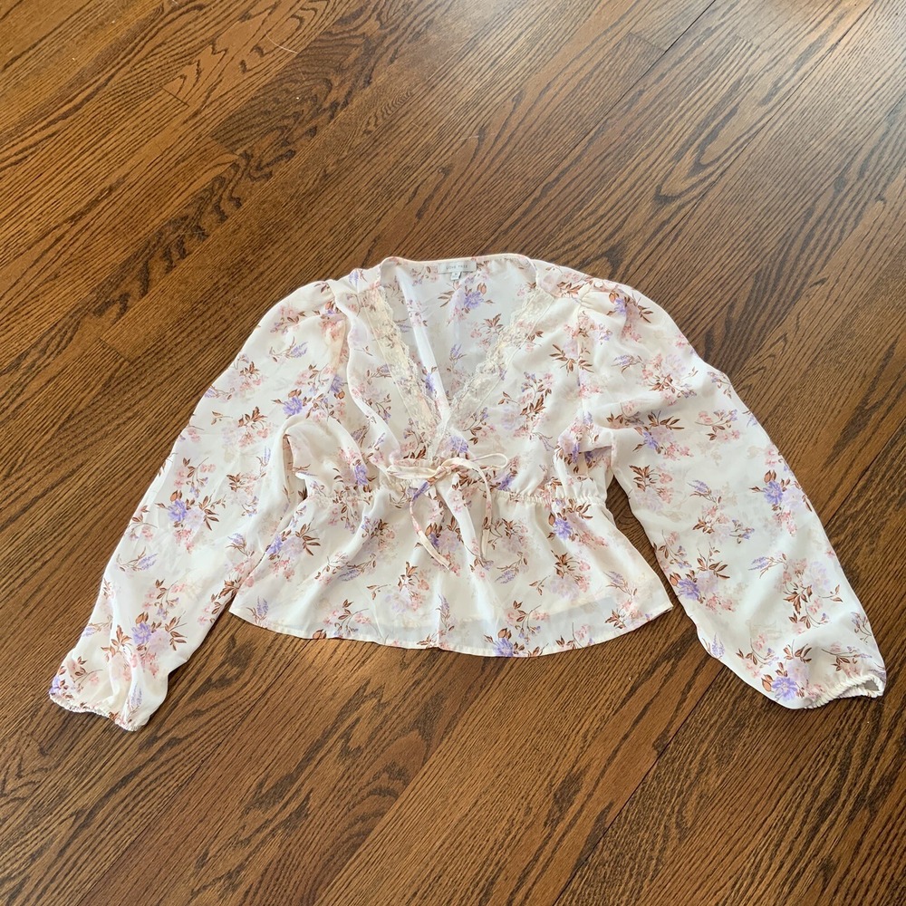 VTG 90s Y2K Babydoll Puff Sleeve Top Sz M Floral Lace Coquette Fairy EUC